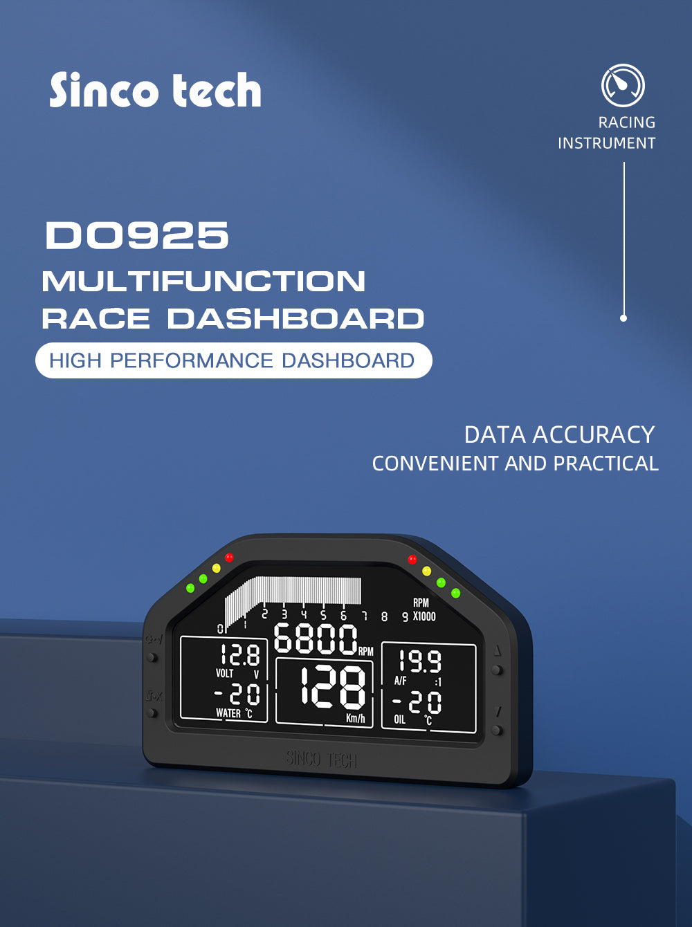 SincoTech 7 colors Multifunctional Sensors Kit Racing Dashboard DO925