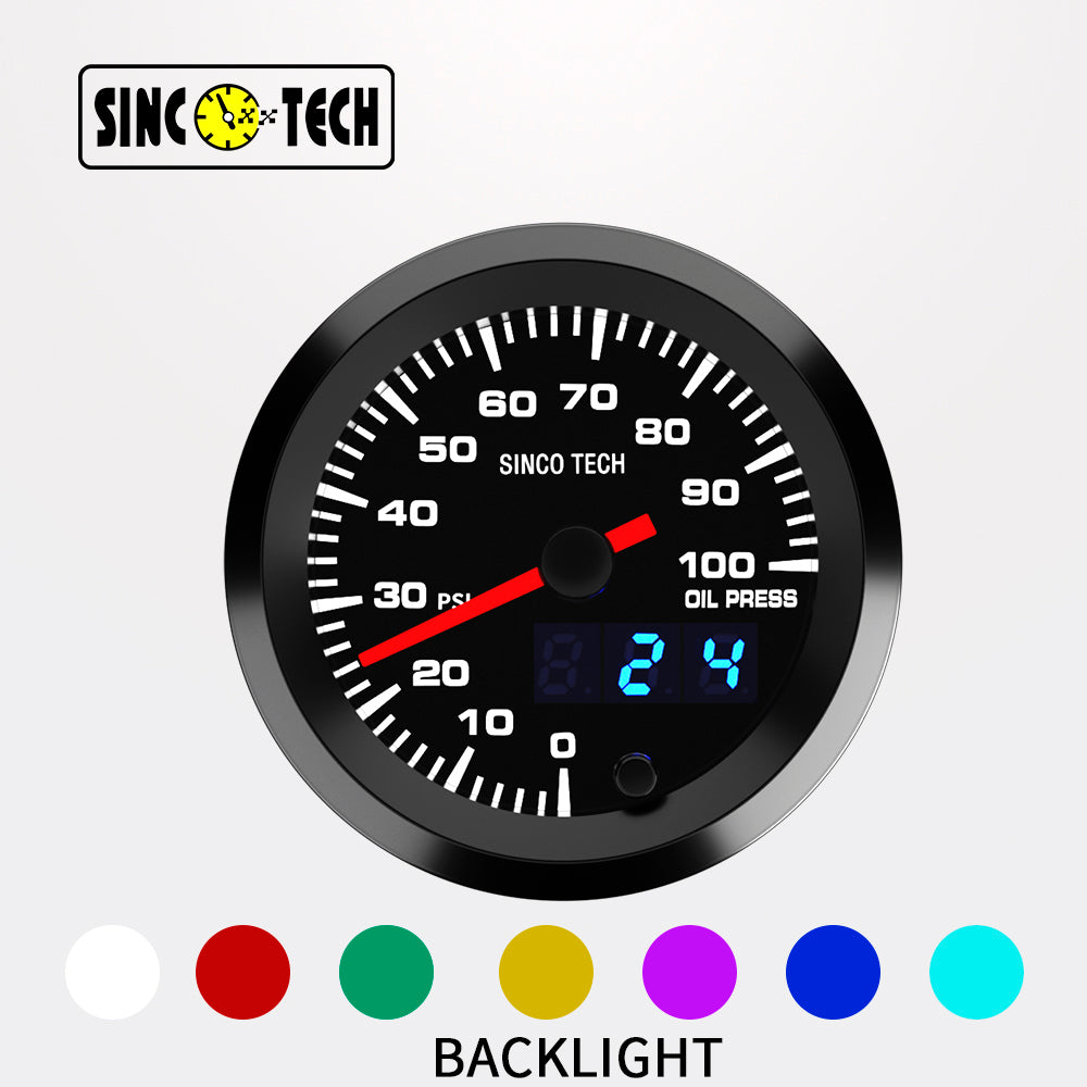 SincoTech Manomètre de pression d'huile numérique LED 7 couleurs 2 pouces 6366S
