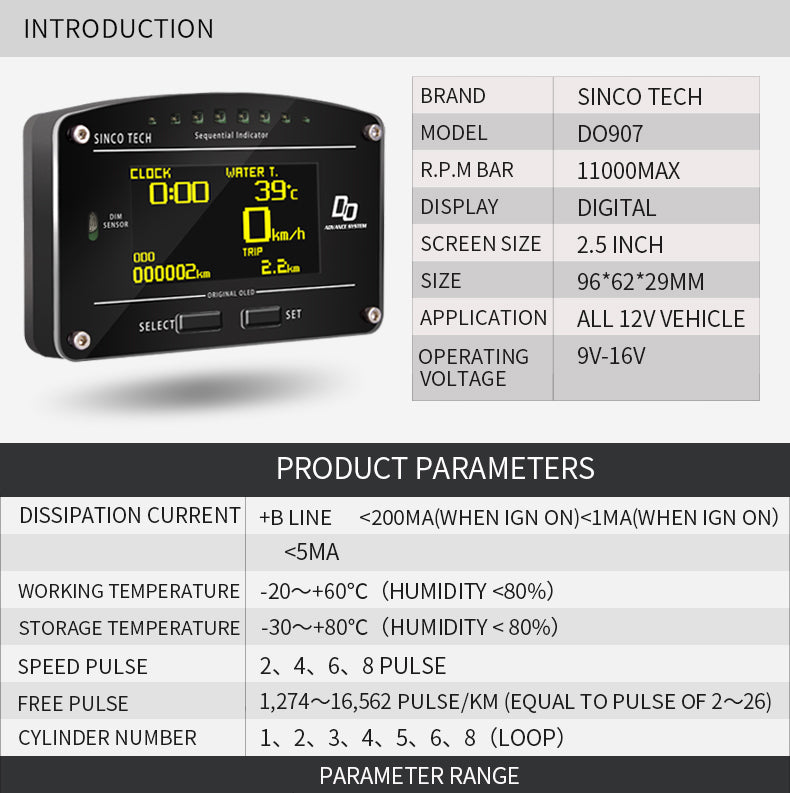 SincoTech Multifunctional Racing Dashboard DO907 Sensor kit